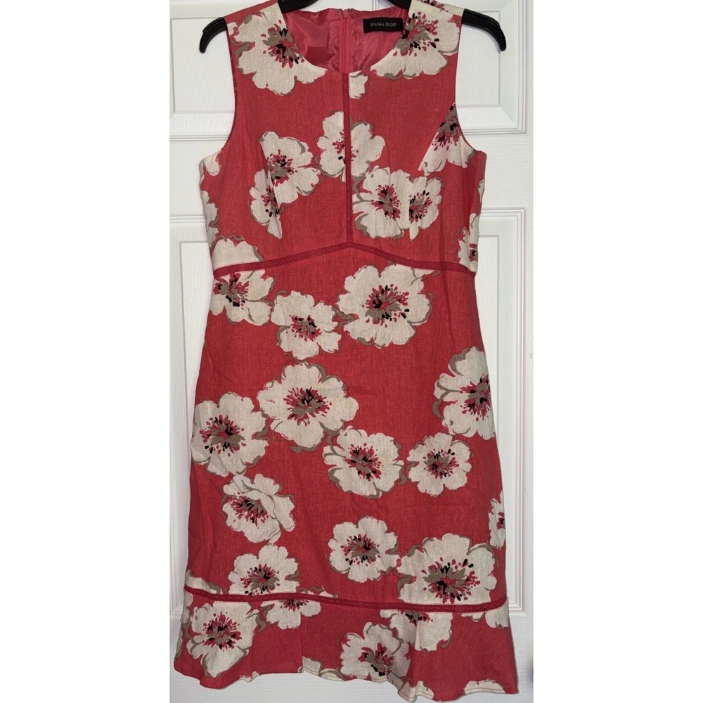 Ivanka Trump Women's 8 Sleeveless Floral Sheath Dress Coral Linen Blend Summer